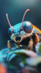 Vibrant macro portrait captures dew covered blue bee head