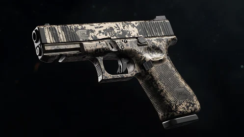 Sleek camo-detailed handgun shown in dramatic close view.