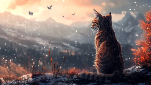 Solitary feline studies alpine valley under diffuse sunset glow