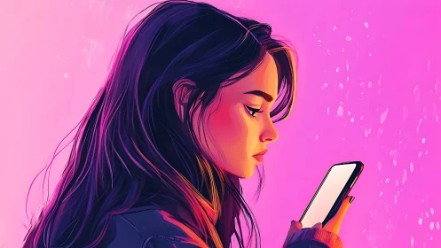 Digital portrait of woman on smartphone in neon gradients