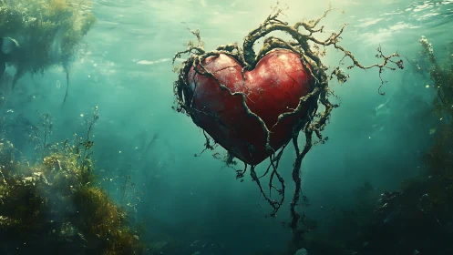 Red Heart with Root Vines in Turquoise Water