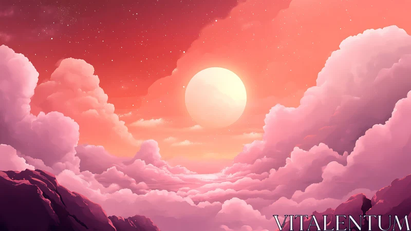 Radiant celestial sun above stratocumulus cloud valley at dusk