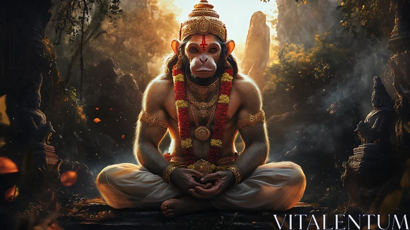 Divine monkey sage in luminous jungle meditation scene.