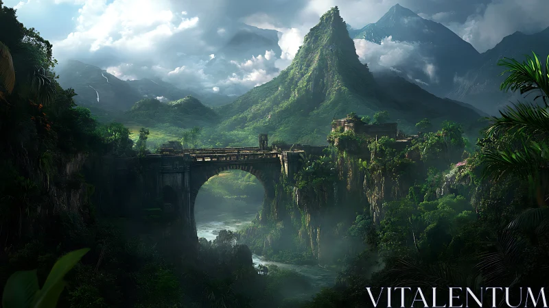 Emerald canyon bridge guarding a mist-wrapped jungle kingdom.