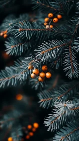 Macro study of blue spruce needles and clustered orange berries.
