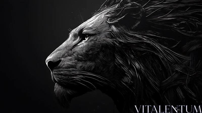Monochrome side profile illustration of lion head in detail.