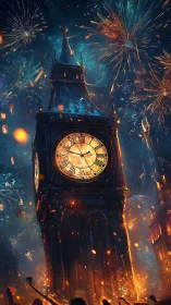 Illuminated clock tower amid explosive midnight fireworks display.
