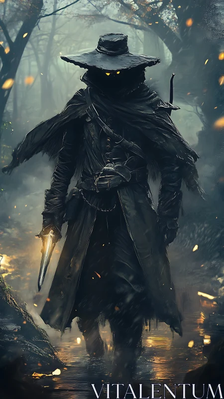 Hooded cloaked figure walks through misty forest water