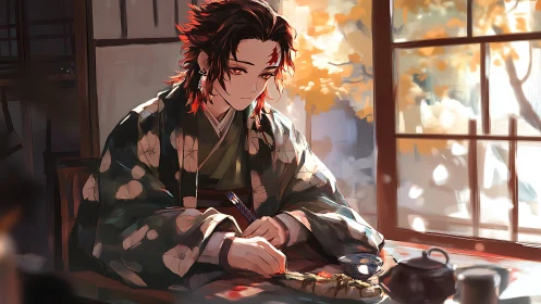 Autumn light on reflective samurai at traditional tea table.
