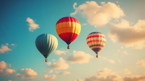 Triad of colorful hot air balloons in glowing sunset sky.