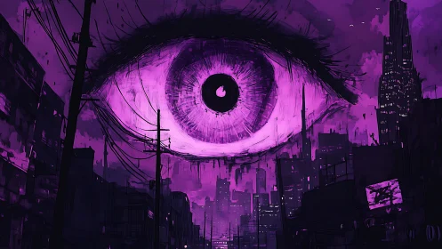 Violet vigil eye haunts a neon-soaked, watching cityscape.