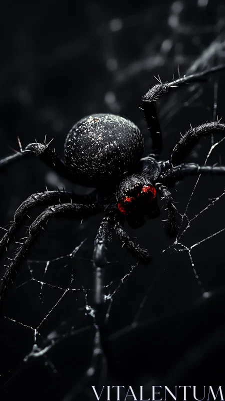 Specular macro study of black arachnid on tensile web matrix.