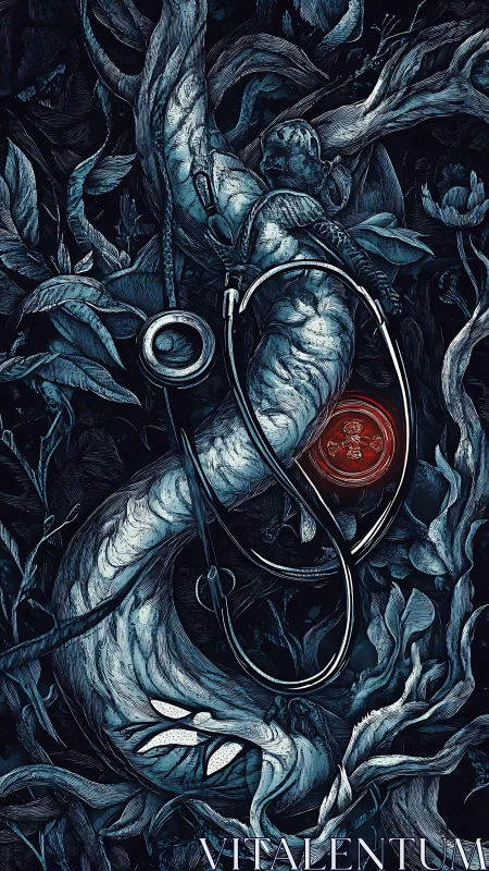 Vining serpent and stethoscope quietly braid a dark forest