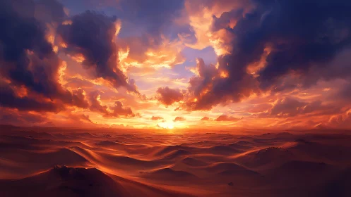 Sunset light intersects stratified clouds over sand dunes