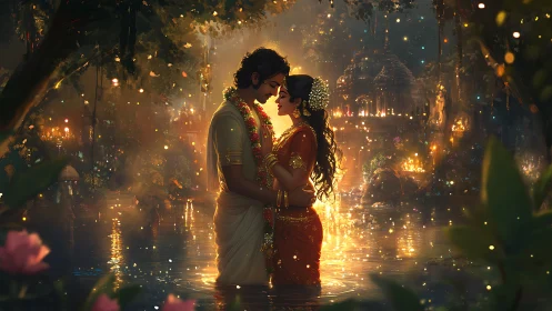 Romantic couple embracing in glowing temple water garden.