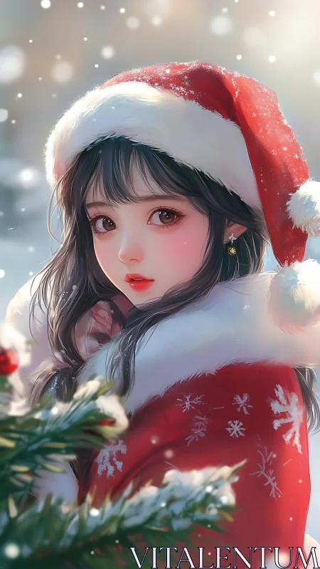 Snowy holiday girl wrapped in cozy Santa-red warmth.