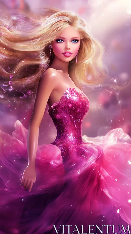 Blonde fashion doll in pink sequined gown on soft bokeh background.