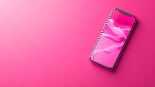 Modern smartphone displaying fluid gradient wallpaper on monochromatic pink background.