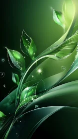 Digital green leaves form abstract layered light patterns