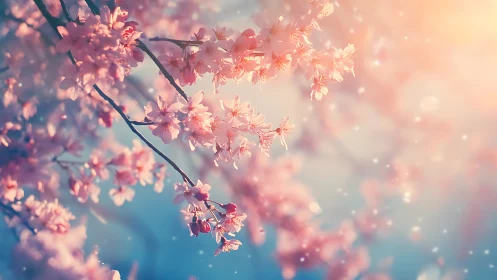 Pink Cherry Blossoms Blooming in Golden Sunlight.