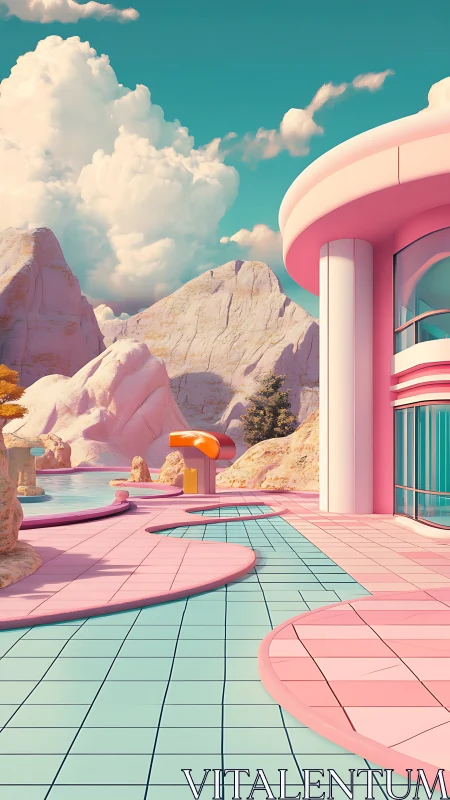 Dreamy pastel resort path by turquoise mountain lagoon.