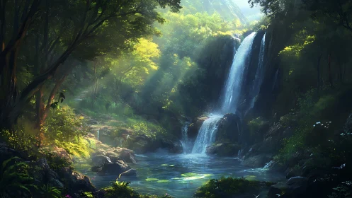 Waterfall in Lush Forest with Sunlight.