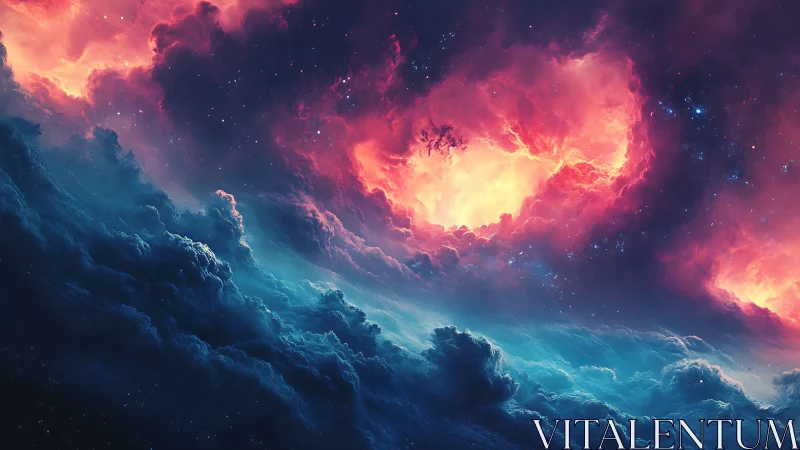 Fiery nebula sky over deep blue cosmic cloudscape.