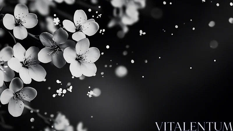 Monochrome Cherry Blossoms with Bokeh Particles Against Dark