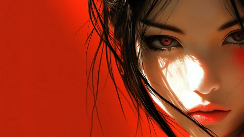 Digital portrait of woman’s face with strong red lighting.
