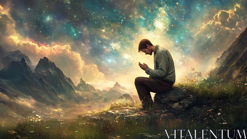 Man in prayer kneels beneath a cosmic sky over wild mountains