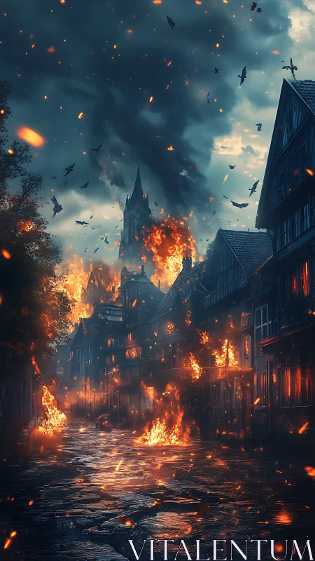 Medieval City Engulfed in Flames and Aerial Combat.