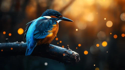 Vibrant kingfisher perched on branch at sunset with bokeh lights.