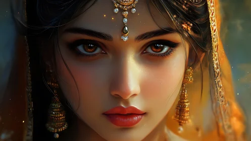 Ember-eyed princess in jeweled dusk, wrapped in quiet fire.