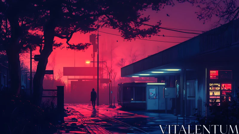 Neon dusk commuter drifts through a rain-glossed station.