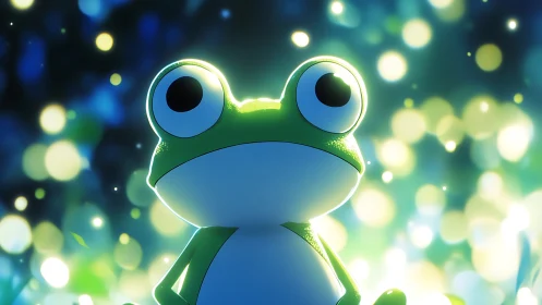Cartoon frog stands under glowing bokeh forest lights