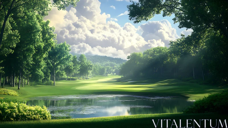 Sunlit golf fairway and pond in dense forest setting.
