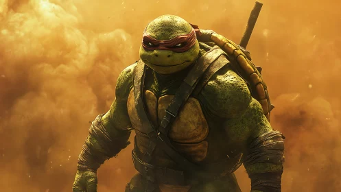 Armored humanoid turtle warrior in red mask in smoke.