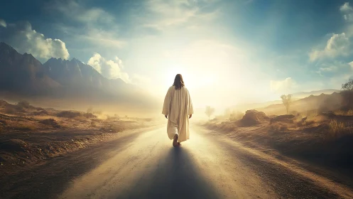 Solitary robed figure walking into a sunlit desert horizon.