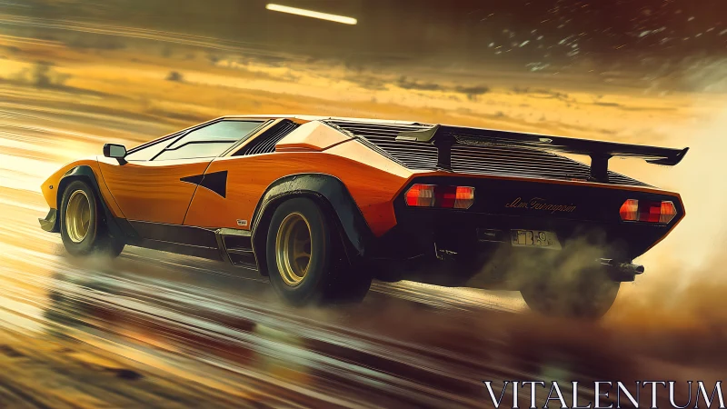 Retro supercar powers through wet highway at golden sunset