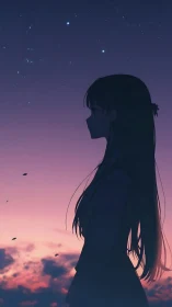 Silhouetted anime girl under twilight sky and stars.