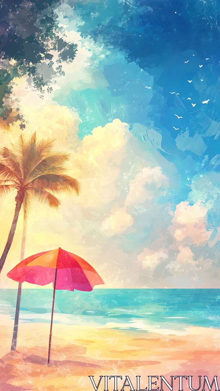 Vibrant coastal beachscape with red parasol and palm tree