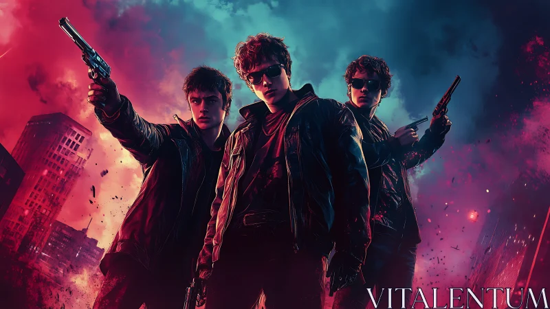 Neon-lit trio with guns in cinematic cyberpunk skyline framing.
