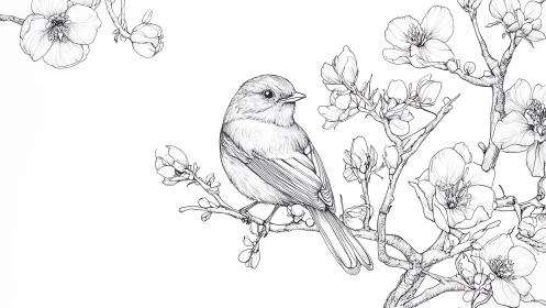 Bird Perched on Blossoming Branch Illustration.