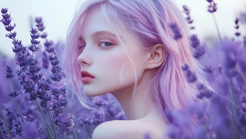 Lavender-haired daydreamer in a violet whisper field.