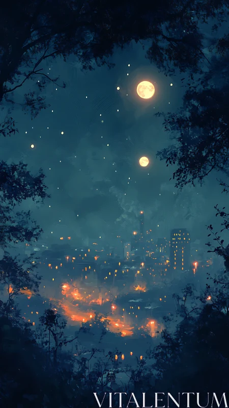 Twin moons illuminate misty city framed by dark forest