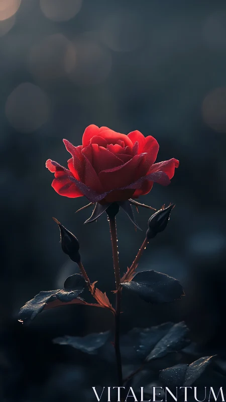 Solitary crimson rose in moody twilight bokeh glow.