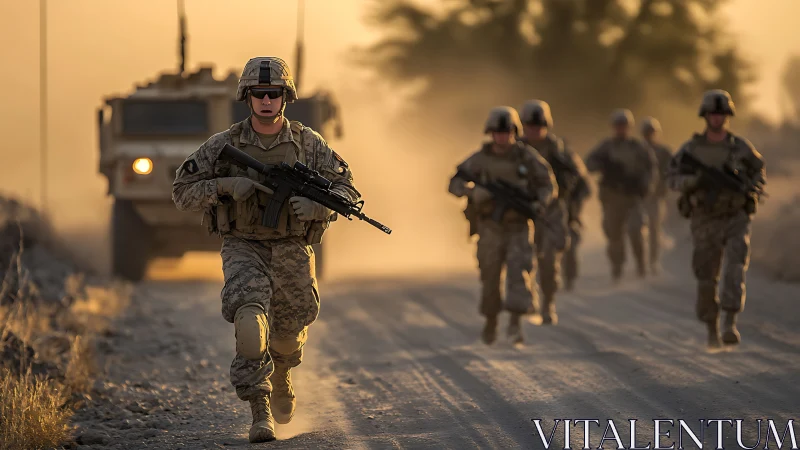 Infantry squad on dusty unpaved road with MRAP at sunset