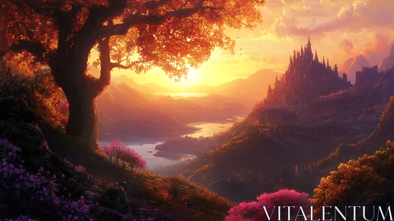 Sunlit fantasy valley frames distant castle at glowing sunset