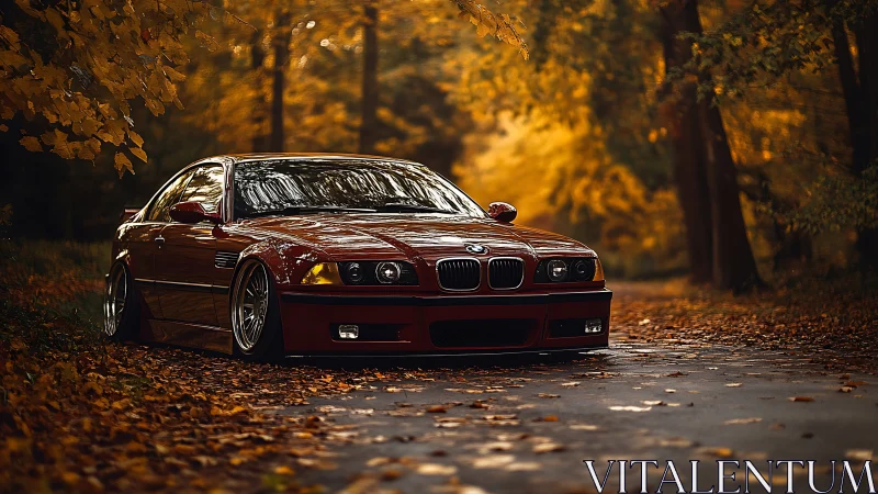 Lowered red coupe is parked on a leaf-covered forest road