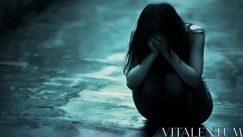 Woman Sitting Alone in Emotional Distress, Moody Blue Tone.
